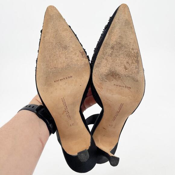 Manolo Blahnik Retro Black Satin Ornate Beaded Pointed Toe Slingback Heel IT 40 - Picture 12 of 13